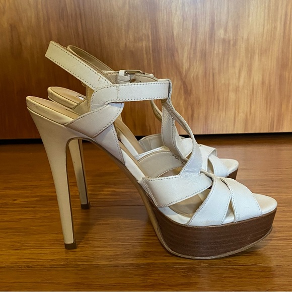 Guess White Strappy Wood Platform 5” Heels - Picture 2 of 8